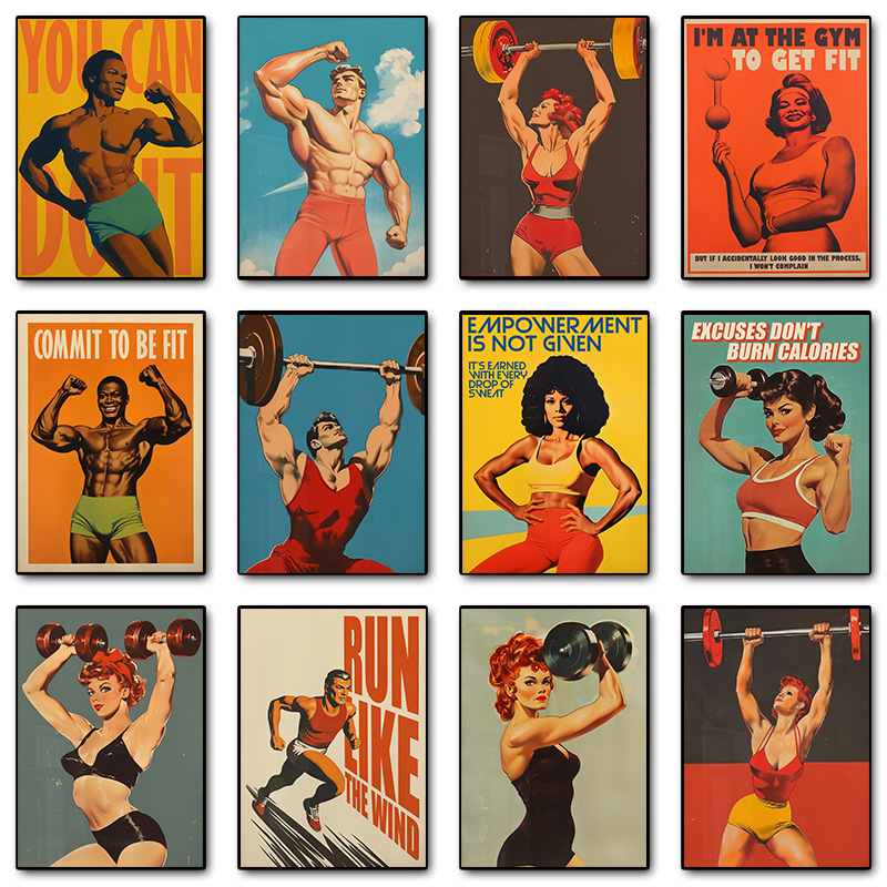 Home Gym Dumbbell Workout - Affiche rétro d'entraînement de batterie de